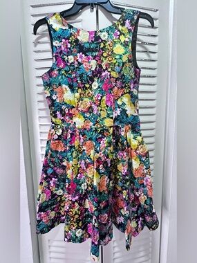 Zara ladies Floral Fit & Flare Dress in Black with Yellow, Pink & Teal Flowers